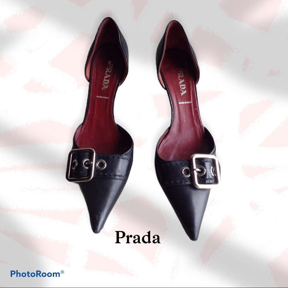PRADA LEATHER BUCKLE D'ORSAY POINTED PUMPS